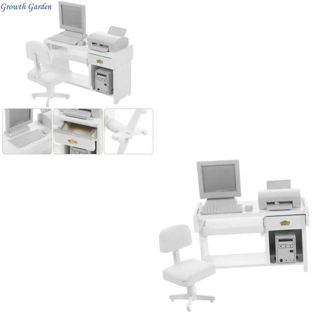 

Doll House Office Furniture Model Set with Working Desk Chair Printer and Computer Figurine for Scene Decoration E65D