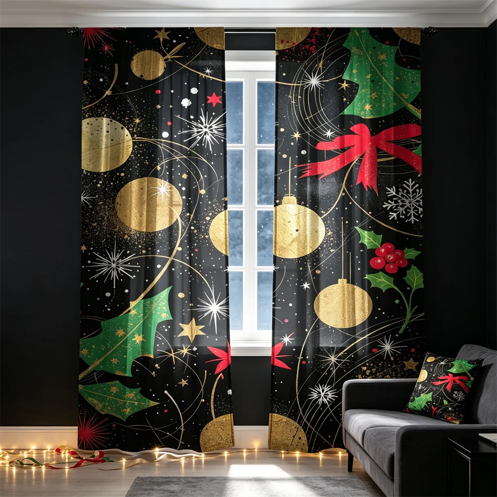 2PCS Christmas Curtains, Gold baubles starburst holly Print, Bedroom Living Room Window Drapes, Rod Pocket Polyester, Home Decor