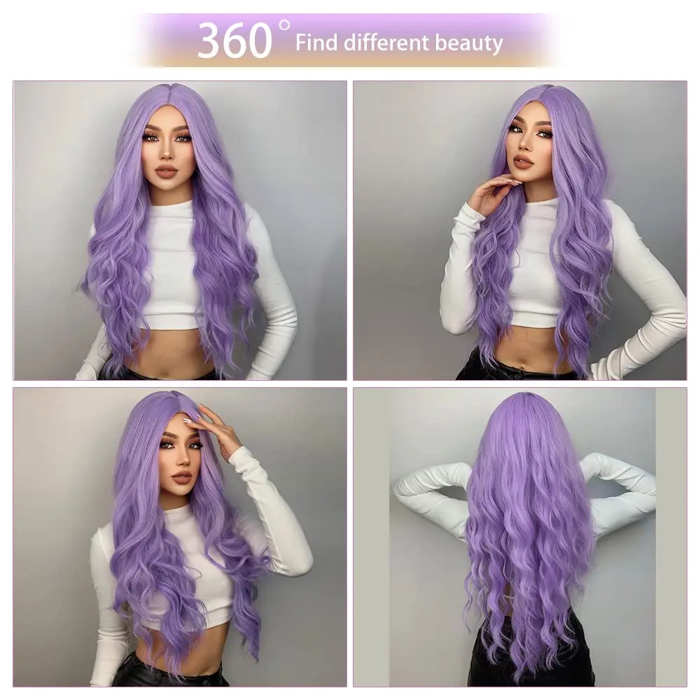 Perucas sintéticas para mulheres e meninas, cabelos longos encaracolados, peruca de uso diário, roxo, onda corporal, cosplay, festa de halloween, meninas, 26"