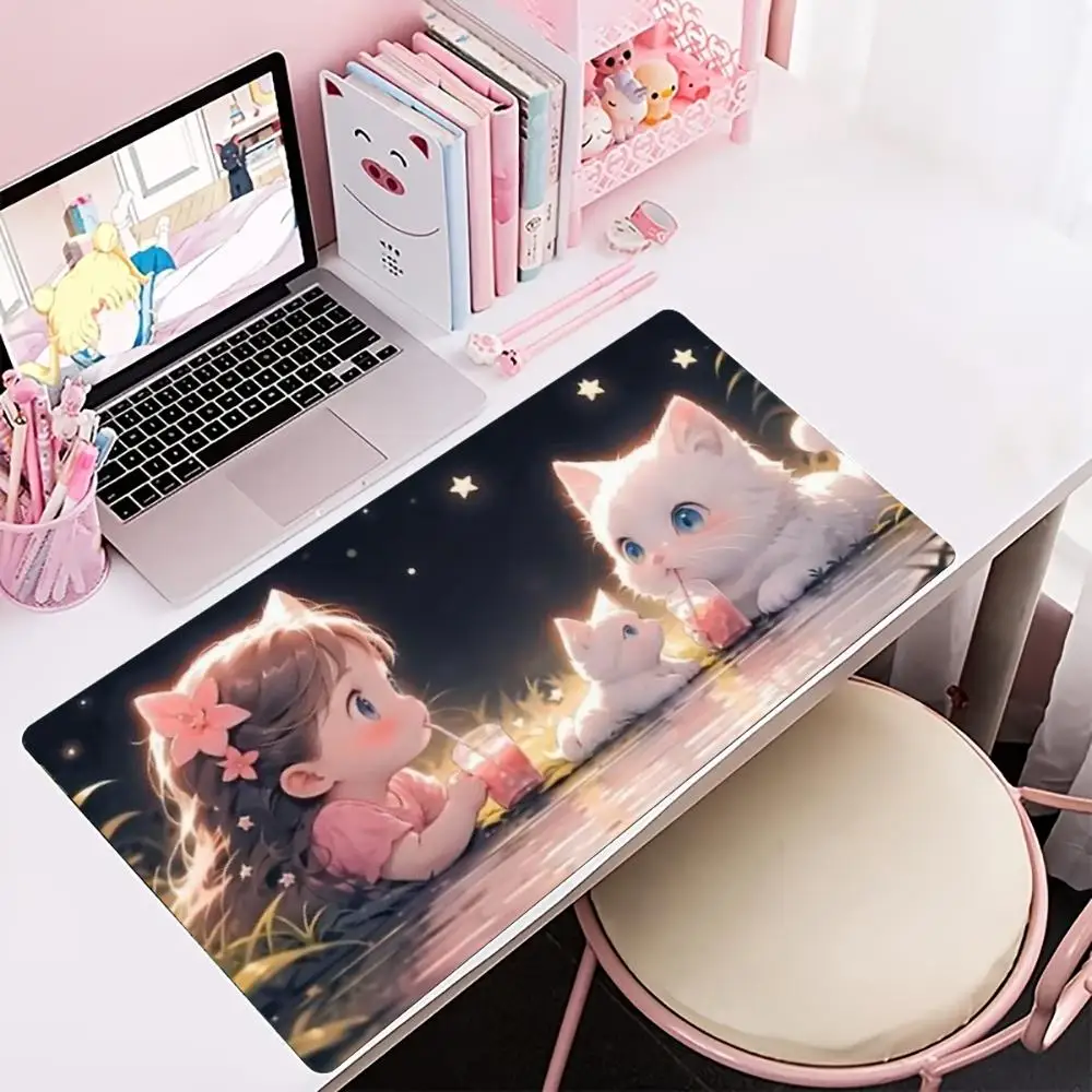 Tapis de souris de jeu étendu pour fille mignonne, surface de bureau antidérapante, motif de nuit étoilée, chat de dessin animé kawaii, impression artistique onirique pour les amateurs de jeux.