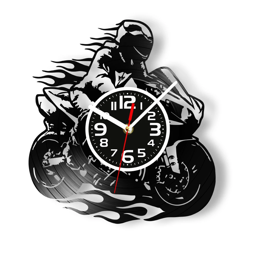 Motorcycle Racer Vinyl Record Wall Clock Silent Non‑Ticking Sport Bike Rider Vintage Wall Art For Man Cave Garage Home Ornament