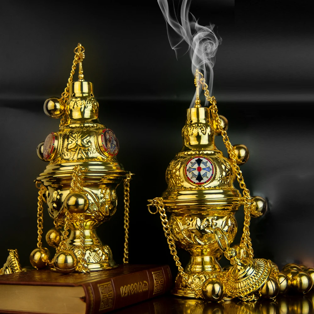 Best Selling Premium Polished Gold Hanging Incense Burner Floral Relief Round Enamel Cross Bell Design Orthodox Parade Censer