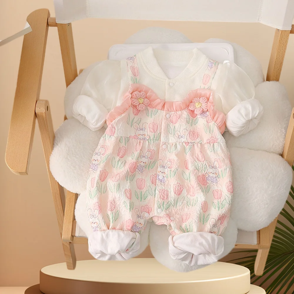 Spring Autumn Baby Girls Romper Tulip Print Toddler Jumpsuit Newborn Clothing Tulle Sleeve Baby Onesie for Girls