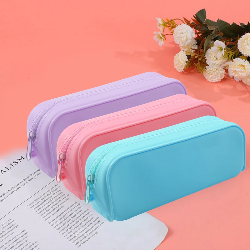 Soft Silicone Pencil Case Creative Gradient Color Pen Bag Waterproof Large Storage Bag for School  Supplies Random zipper color