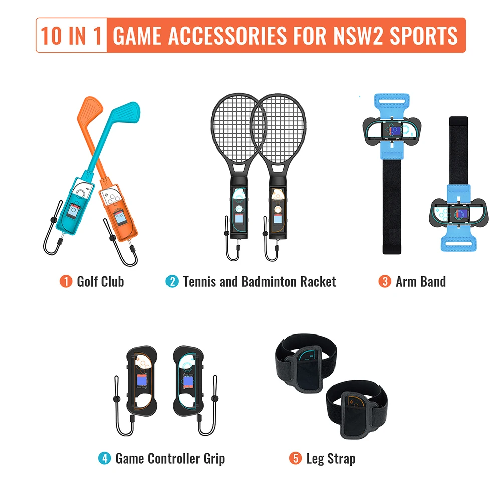 Pacchetto di accessori sportivi 10 IN 1 per Nintendo per Switch 2 Joy-Con Racchetta da tennis Golf Club Bracciale con cinturino per gamba
