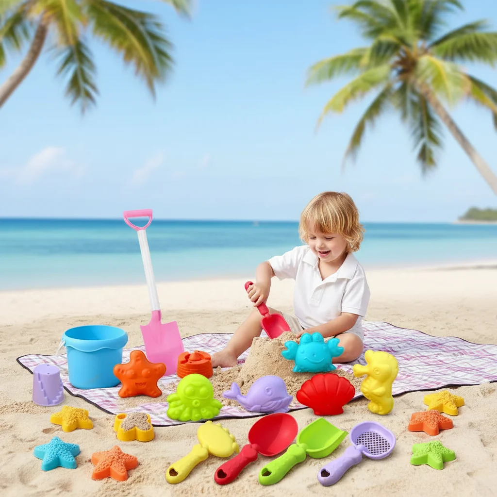 Conjunto de Brinquedos de Praia para Crianças com 17 Peças, Kit de Caixa de Areia para o Verão com Balde, Pá, Moldes de Castelo e Peixe, Brinquedos para Bebês