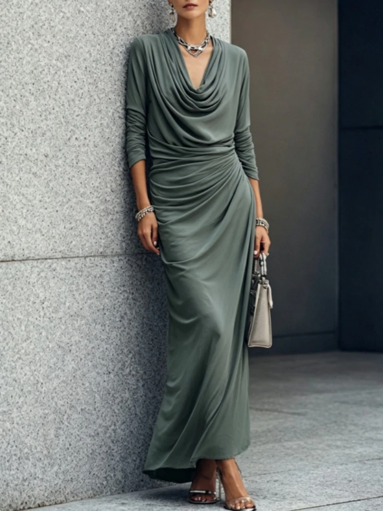 Women Draped Neckline Maxi Dress Long Sleeve Side Ruched Bodycon Long Dress Elegant Stretch Evening Party Formal Dresses