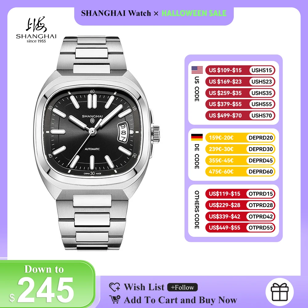 SHANGHAI Watch Vintage Square Automatic Men's Watches 39mm Date Mechanical Wristwatch 316L Stainless Steel Reloj Elegant SH018