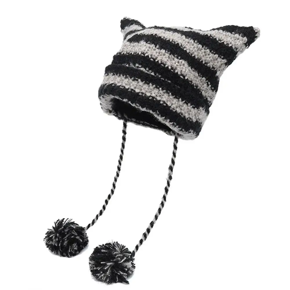 2023 new Women's Hats Y2K Cute Devil Knitting Striped Beanie Hat Autumn Winter Hip-hop Crochet Cat Ears Pointed Pullover Cap