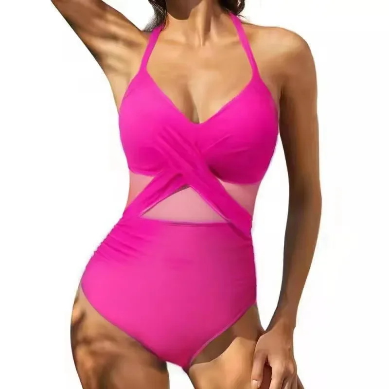 Sexy Bikini Sets Beach Women One-Pieces Solid Swimsuits Swimwear Wrap Bathing Suits Halter Crossover Rib Mesh V-neck Swimsuit