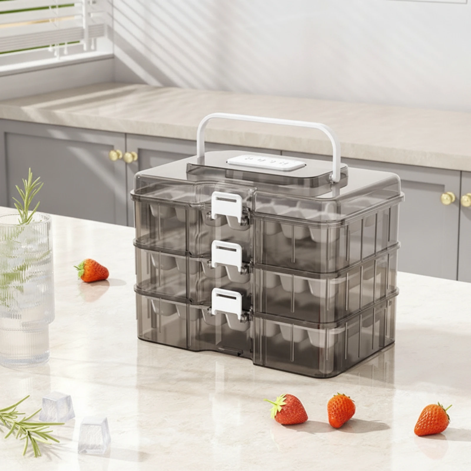 Ice Cube Tray with Lid 3-Layer Stackable Ice Box Container Lidded Easy-Release for Freezer, Kitchen