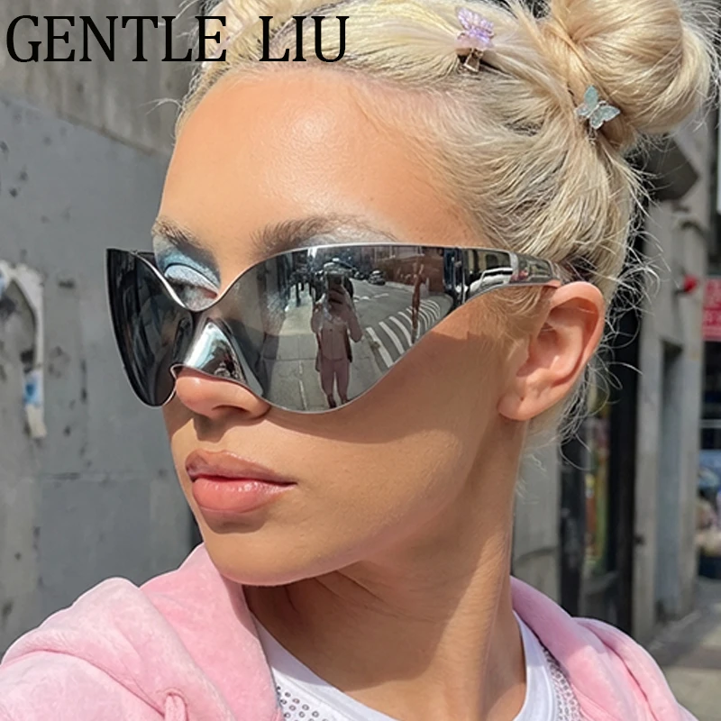 

Y2K Punk Mask Rimless Sunglasses Women 2026 Luxury Brand Vintage One-Piece Shield Wrap Around Sun Glasses for Lady Shades UV400