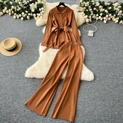 Chic Women Two-Piece Sets Turn-down Collar Single Breasted Slim Bandage Top and High Waist Wide Leg Pants Korean Casual Clothing