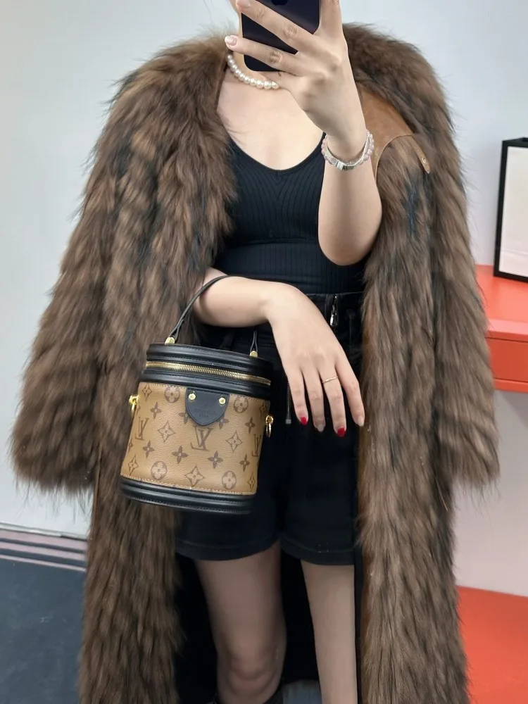 Hot-selling Autumn Winter New Natural Real Raccoon Fur Strip Fur Coat Fashion long Jacket Raccoon Fur Coat Warm Streetwear