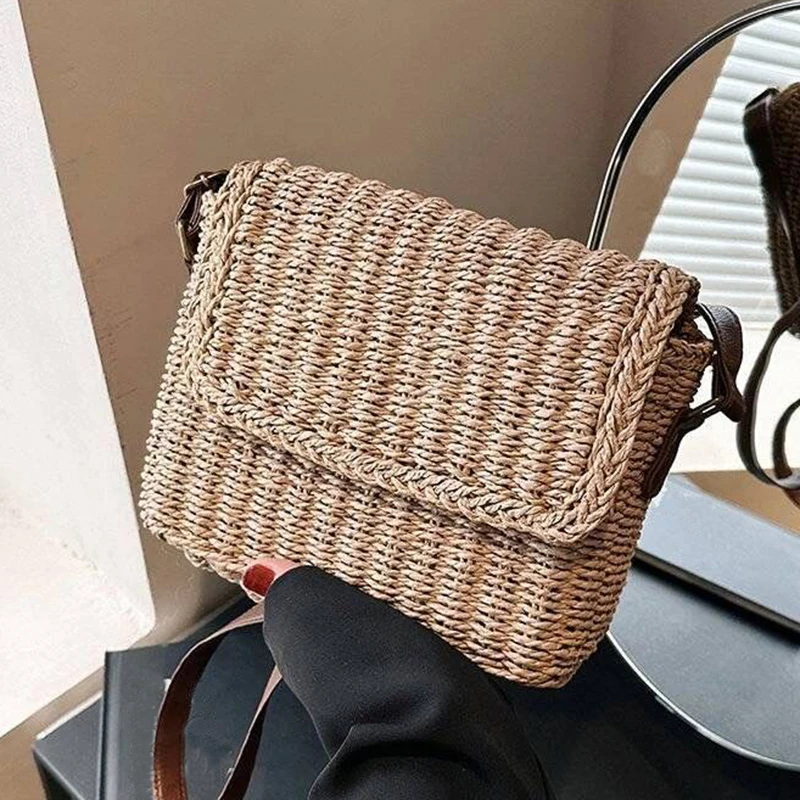 

Women Weave Straw Bag Summer Straw Beach Bag Vintage Small Square Satchel Bag Adjustable Strap Handmade Travel Flap Bag