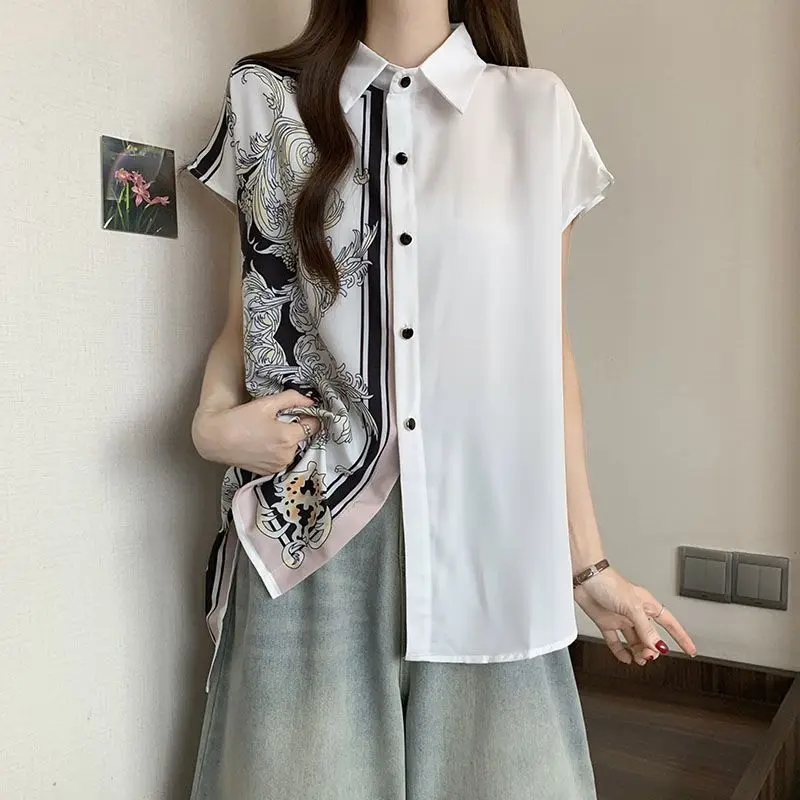 Women' Summer New Plus-size Cover The Belly To Look Slim and Irregular Top New Chinese Style Spliced Chiffon Short-sleeved Shirt