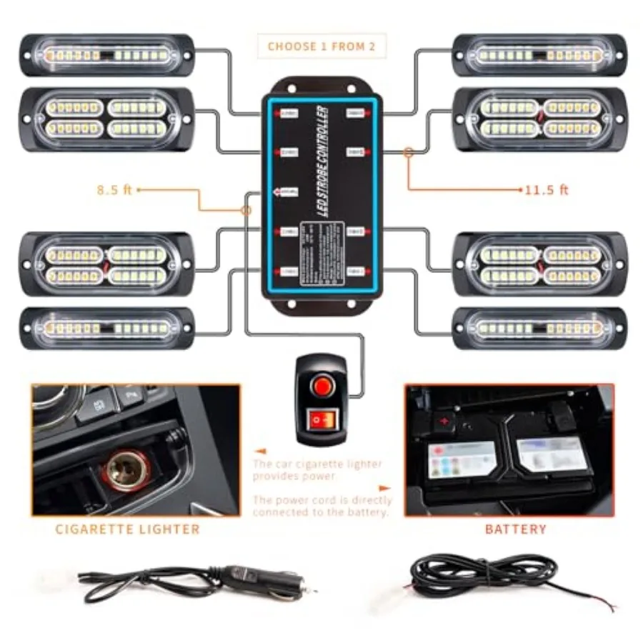 8-pcs Sync Feature LED Emergency Strobe Lights Ultra Slim Grille Surface Mount Flashing Warning Hazard Light Bar w/Controller f