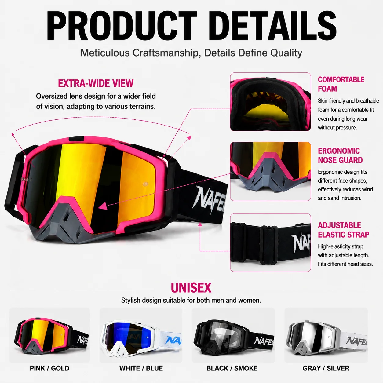 NAFEIB MX Off Road Goggles HD Lens Soft Sponge Liner Adjustable Strap for Motorbike Dirt Bike ATV Racing
