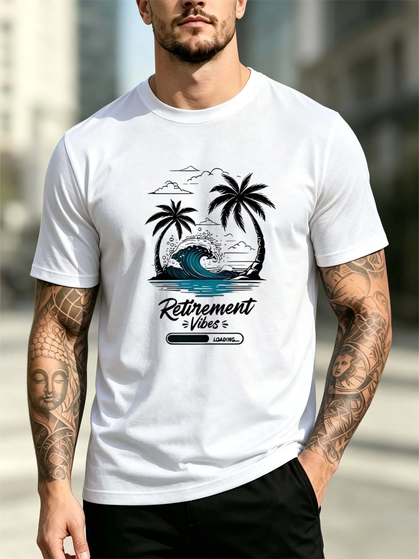 Men' Oversized Crew Neck T-Shirt with Coastal Palm Wave  Retirement Bar Print - Suitable for Vacation, Beachwear, Retirement Gifts, Breathable Loose Fit Short Sleeve Tee, SpringAutumn Casual Top