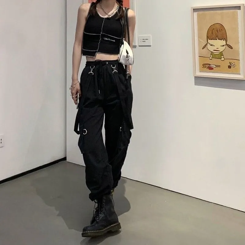 Harajuku Spring Summer Cargo Pants Women Streetwear Black Elastic Waist Casual Ankle Length Women's Pants