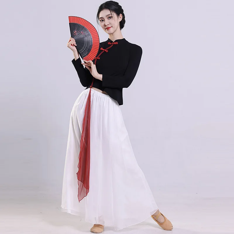 Traje de danza clásica Body Rhyme estilo chino ropa Cheongsam mejorada Top negro de manga larga para mujer
