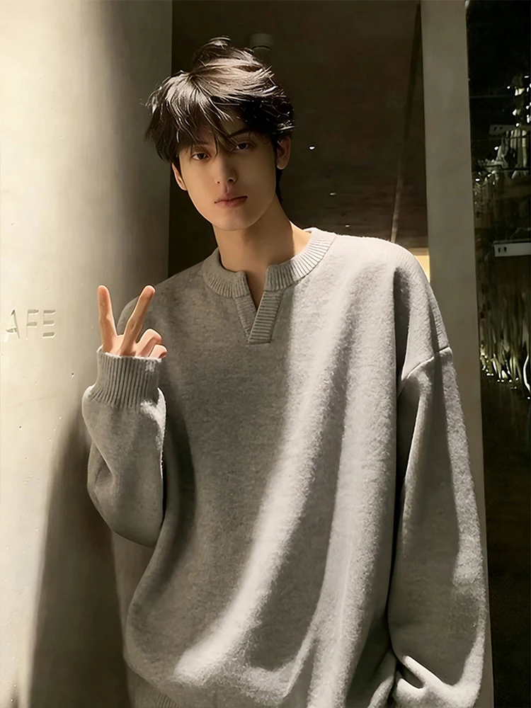 

American Sle ey Henry V-Ne Sweater Men Autumn Winter Teenage Knitted Top High-End Lazy Sle Base Layer Yarn irt