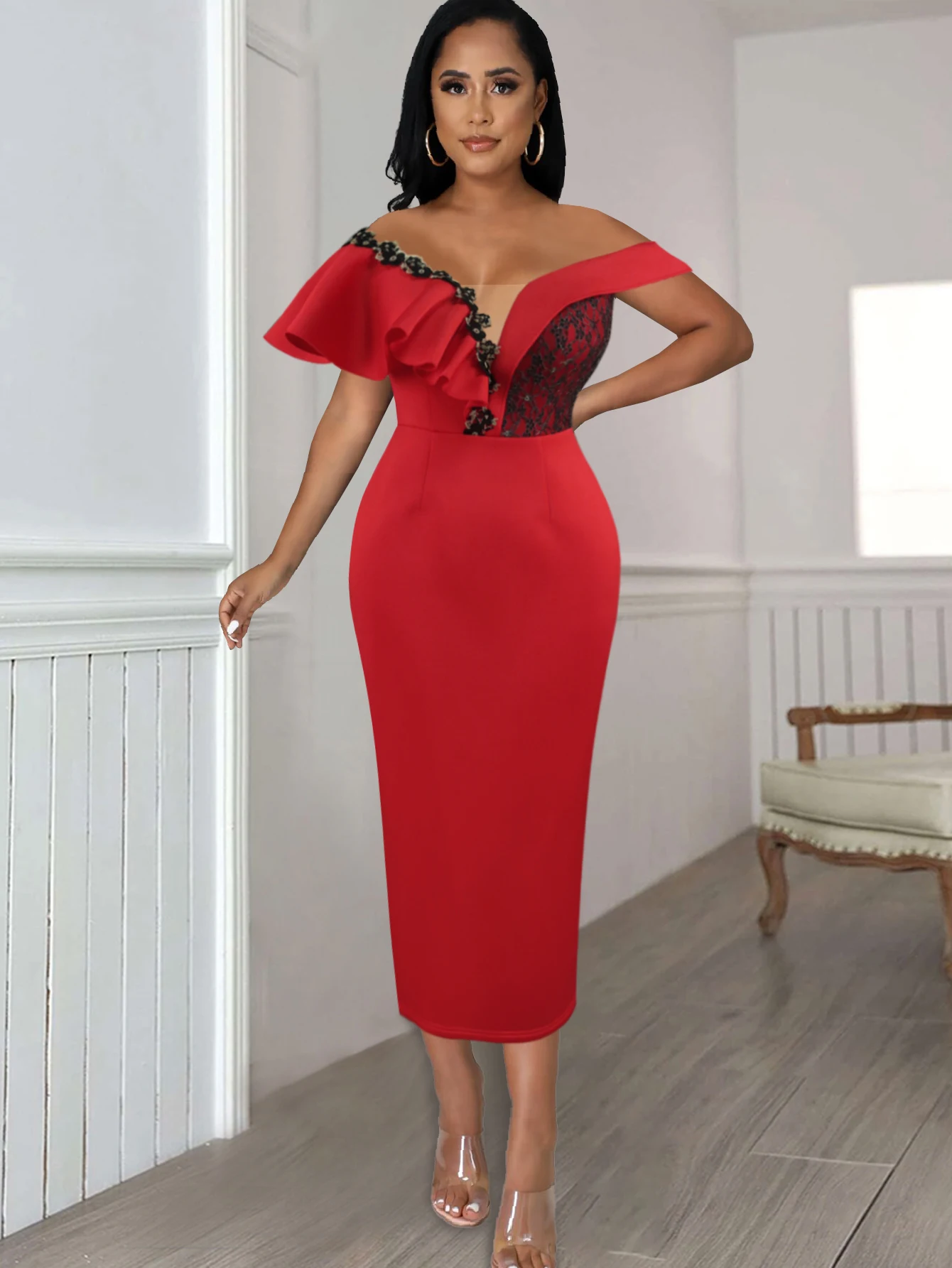 

V Neck Dress for Women Lace Patchwork Off Shoulder Ruffles Appliques Red Party Wedding Birthday Celebrity Midi Gowns Outfits