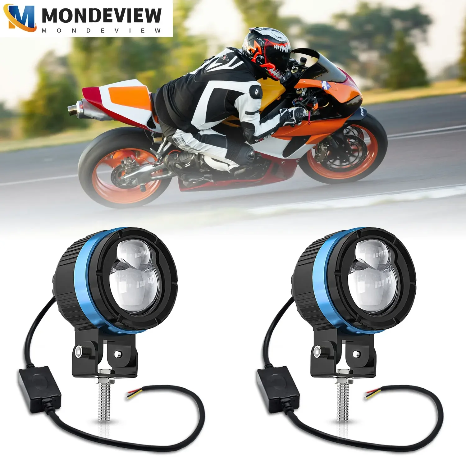 

MONDEVIEW 2pcs M8 non-destructive installation motorcycle spotlight 6000K 360W 16000LM beam adjustable 90 ° car running light