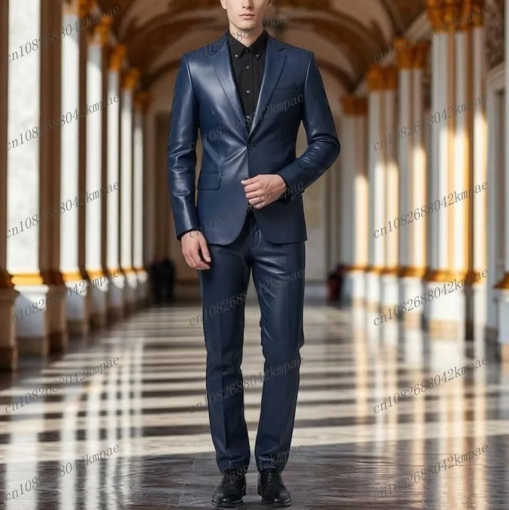 

New Navy Blue Men Suit Leather Formal Groom Groomsman Wedding Party Prom Male Business Tuxedos 2 Piece Set Blazer Pants