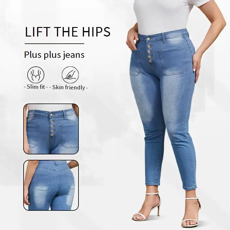 سراويل نسائية بمقاسات كبيرة، جينز ضيق مقاس 9 بوصة، سراويل مغسولة بإبزيم أظافر، جينز موضة صيف 2025