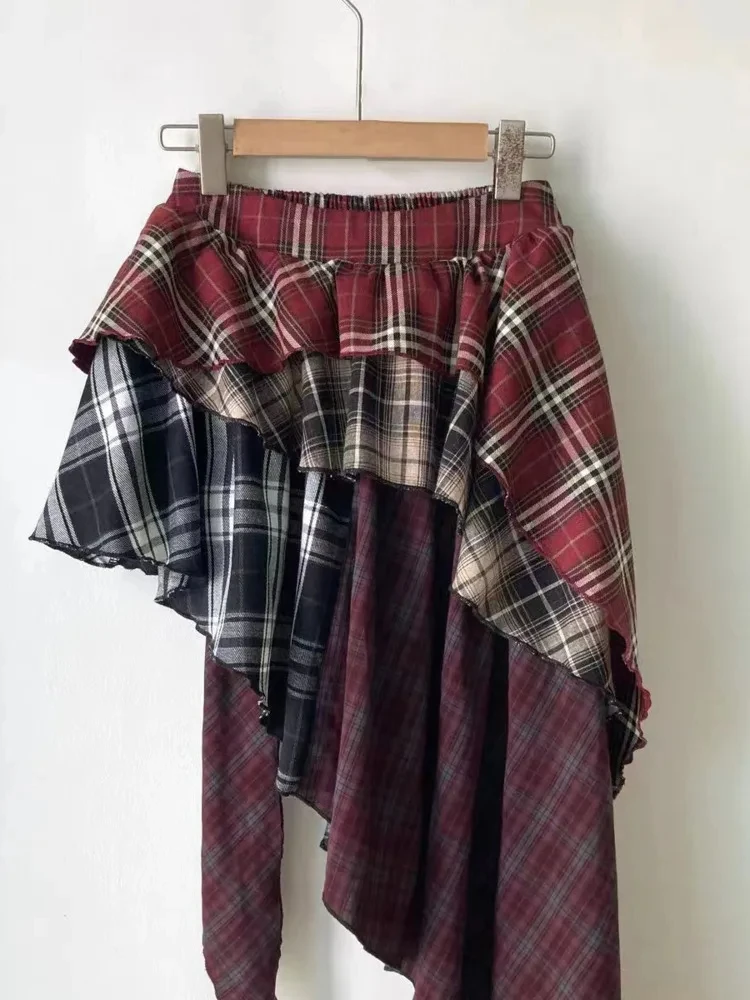 Streetwear Vintage High Waist A-line Skirts  All-match Clothing Irregular Patchwork Red Plaid Design Skirt Faldas 2024 summer