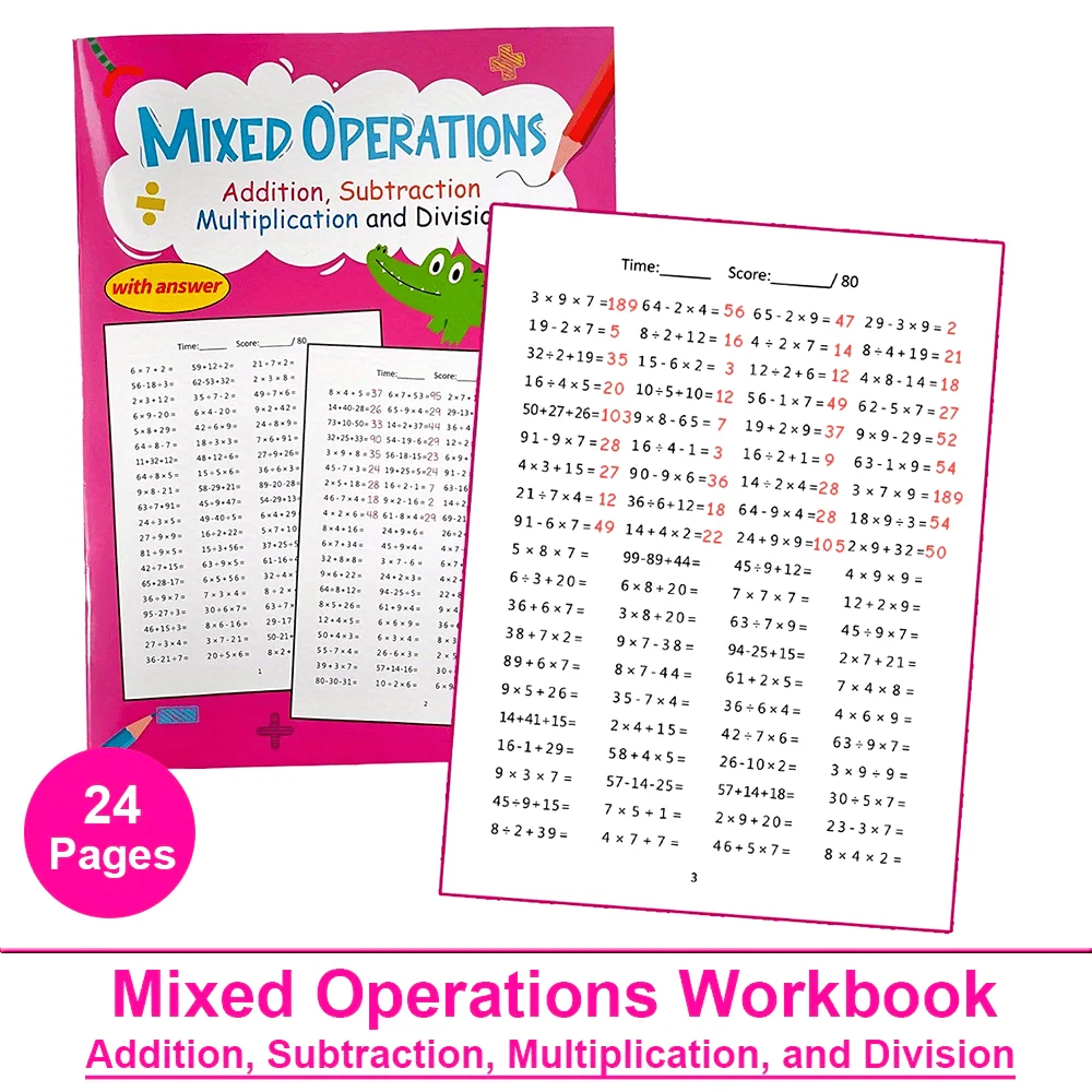 Math Workbook for Grade 3-4 Mixed Operations with Answers, Addition, Subtraction Multiplication Division Practice Tests Book