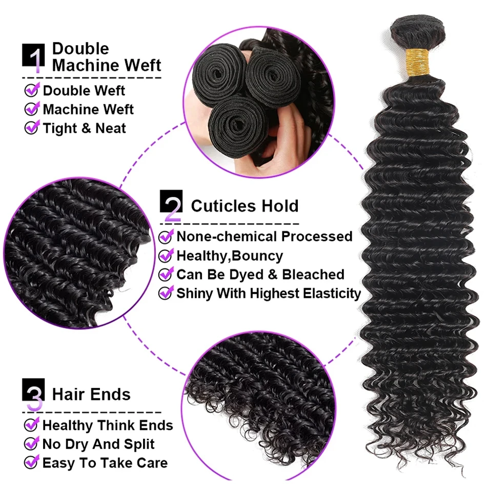Malaysian Human Hair Bundles Deep Wave 3-4 Bundles 28-32 Inch Virgin Remy Curly Hair Extensions for Women Sew-In Quick Weave