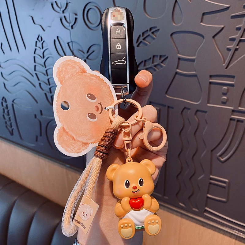 3D Cartoon Bear wearing an Apron Keychain Pendant Adorable Animal Doll Key Chain Gift For Women Men Child's Birthday Present