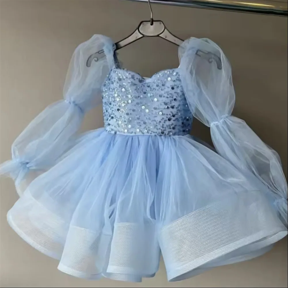 

Customized Luxury Flower Girl Wedding Dress Sequined Full Puff Sleeves Baby Girl Kids Princess Birthday Party Prom Ball Gown
