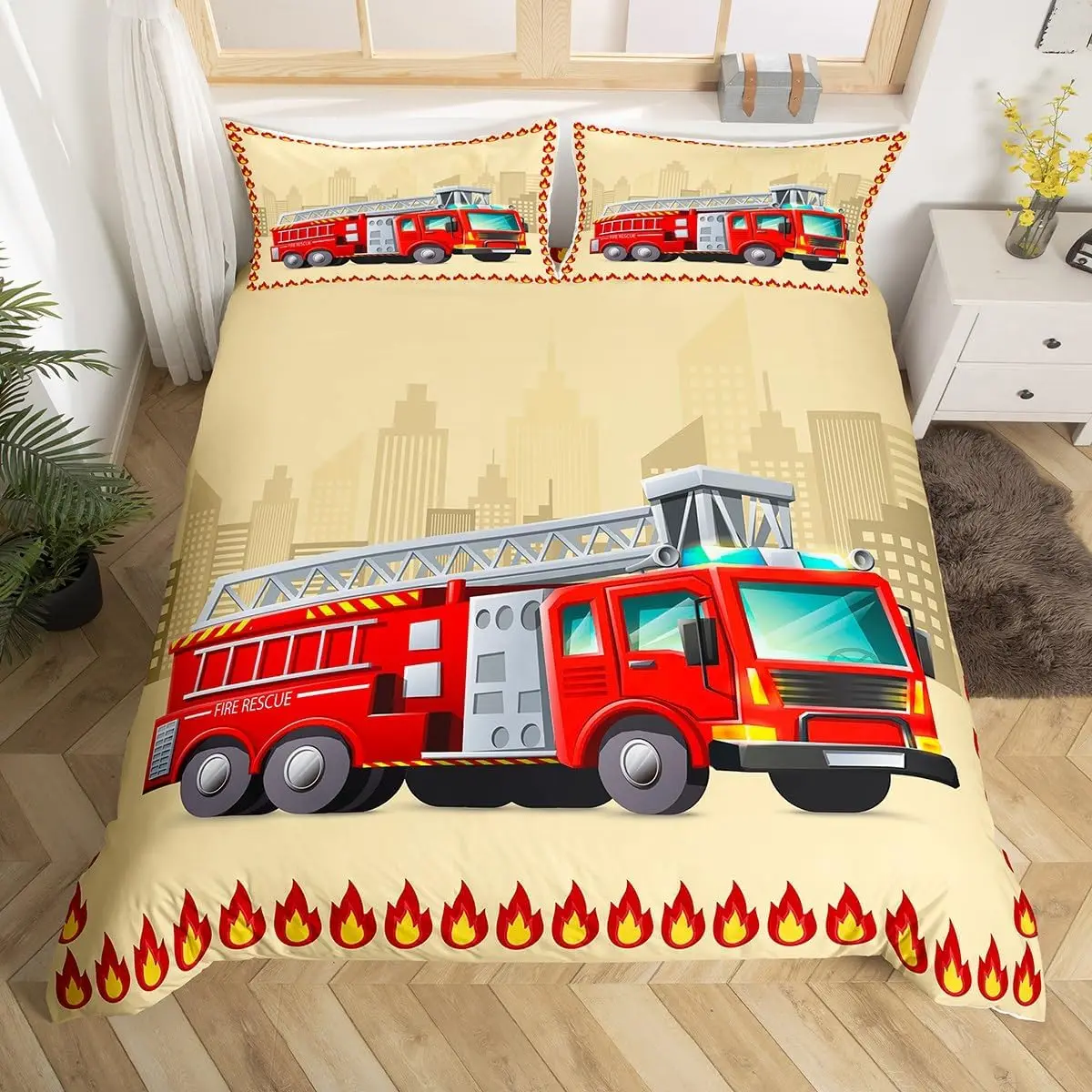 Cartoon Fire Engine Duvet Cover Full Queen King Red Car City Rescue Vehicles Bedding Set, Watercolor Flame Print Comforter Cover