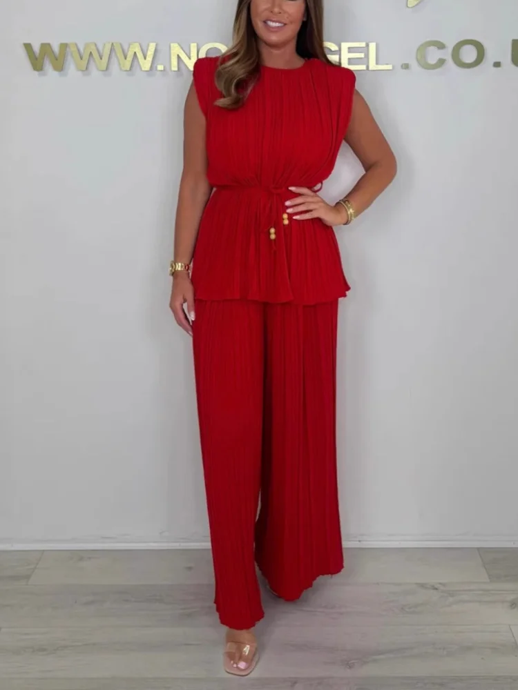 

Летняя мода Three Sisters, повседневный элегантный женский однотонный комплект без рукавов с круглым вырезом, плиссированные прямые брюки, комплект из двух предметов