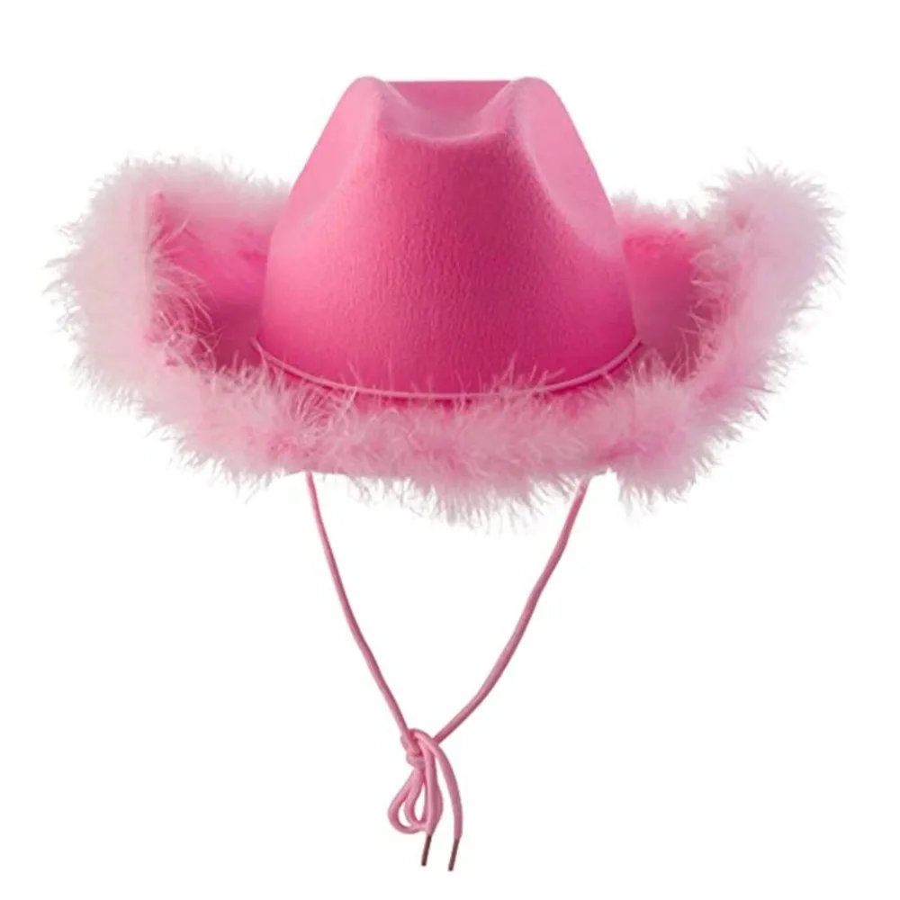 Decorative Cowboy Hat Western Cowboy Hat Fuzzy Fringed Brim Acrylic Fuzzy Brim Hat Metallic Thread Detail Decorative Trim