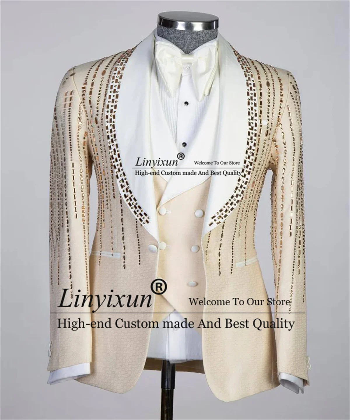 Gold Embroidered Stone Tuxedo Shiny Beaded Men Suits 3 Pieces Sets Male Dinner Party Prom Blazers Slim Fit Groom Costume Homme