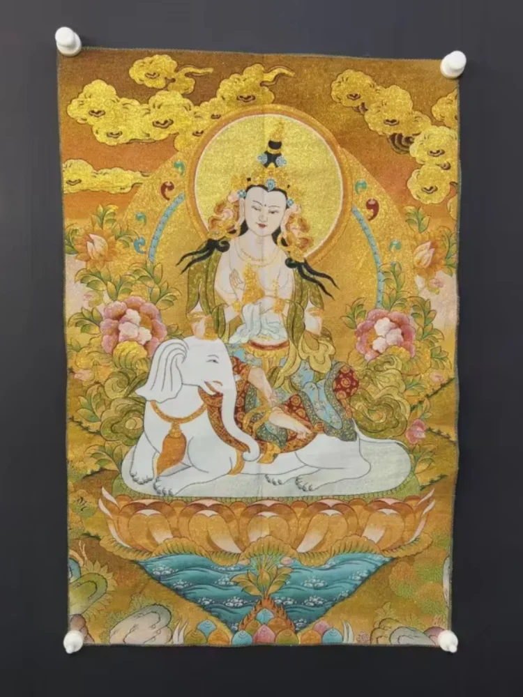 Tangka Embroidery Buddha Statue Hanging Painting Silk Cloth Paint White Elephant Samantabhadra