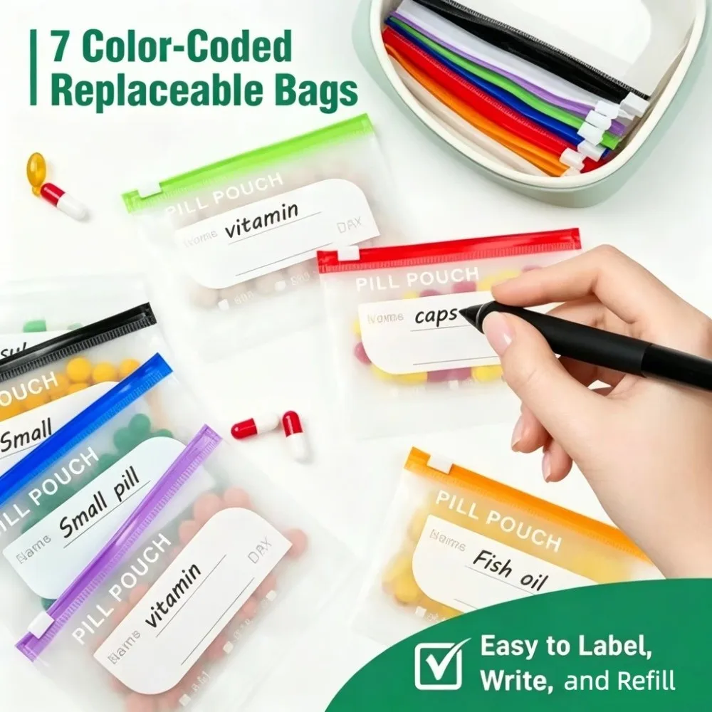 Ensemble de 7/14 pochettes de rangement hebdomadaire pour pilules sans BPA, étanches avec fermeture éclair, à code couleur, réutilisables pour vitamines