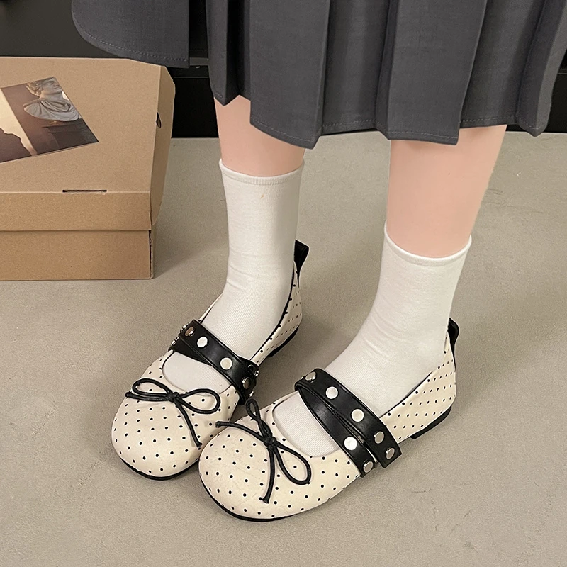 Fashion Pu Leather Women Ballet Flats Footwear Lolita Shoes Luxury Autumn Female Butterfly-Knot Round Toe Ladies Dance Shoes