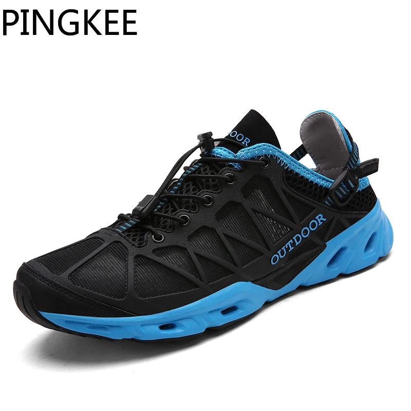 PINGKEE Air Mesh Lace-lock Bungee Cord Water Aqua Drainage Hole Grip Cushion Men's Sneakers Shoes Summer Hiking Sandals For Men