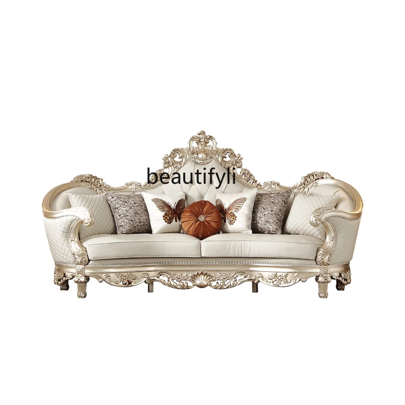 French Style Light Luxury Solid-Wood Leather Sofa European Style Court Vintage Villa Large Flat Living Room Sofa