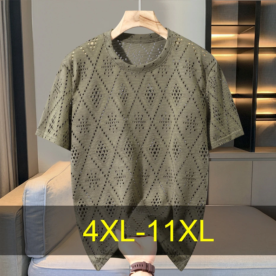 

Summer Hollow Out Breathable T-shirt Men 10XL 11XL Plus Size Short Sleeve Tops Tees Male Fashion Casual Tshirt