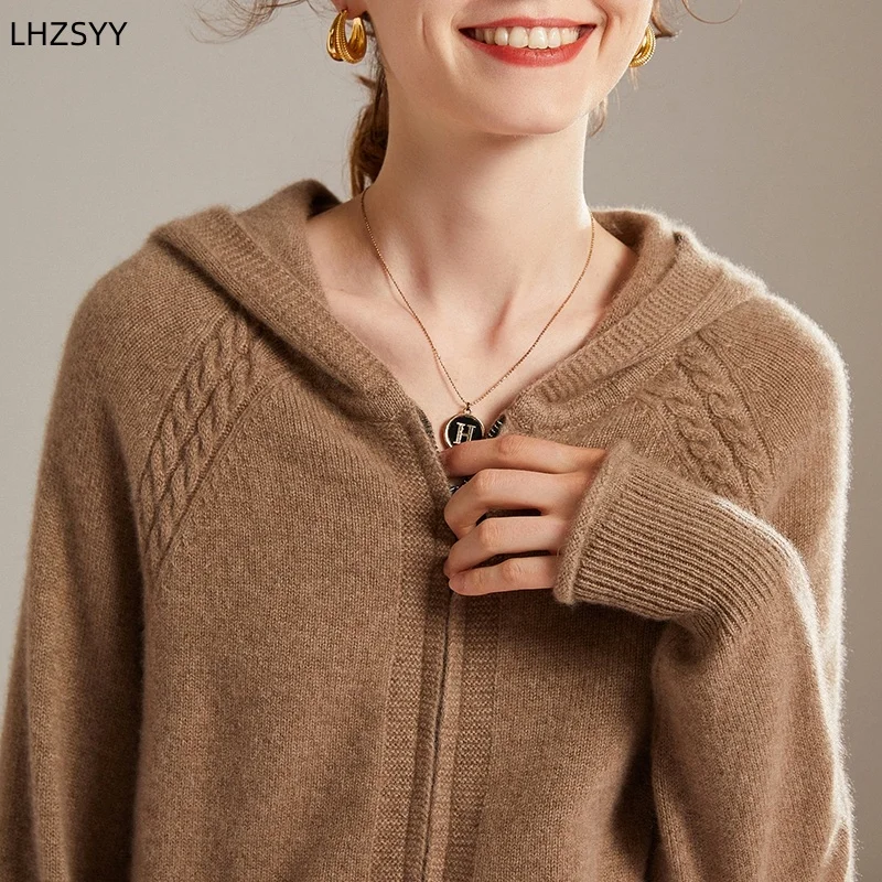 LHZSYY Fall/Winter New 100% Goat Cashmere Zipper Jacket Women\'s High-end Hooded Knit Cardigan Casual Loose Thick Sweater Coat