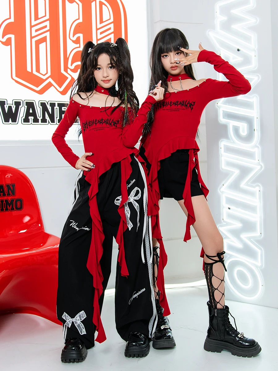 

Girls K-pop Irregular Crop Top Street Dance Loose Pants Clothes Set Group Jazz Stage Performance Costume Cool Hip Hop Streetwear