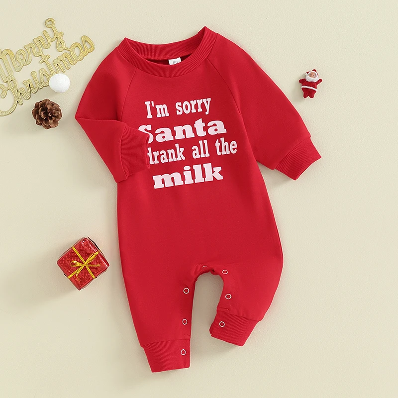 

Suefunskry Baby Christmas Romper Long Sleeve Crew Neck Letter Print Jumpsuit Newborn Playsuit Pajamas