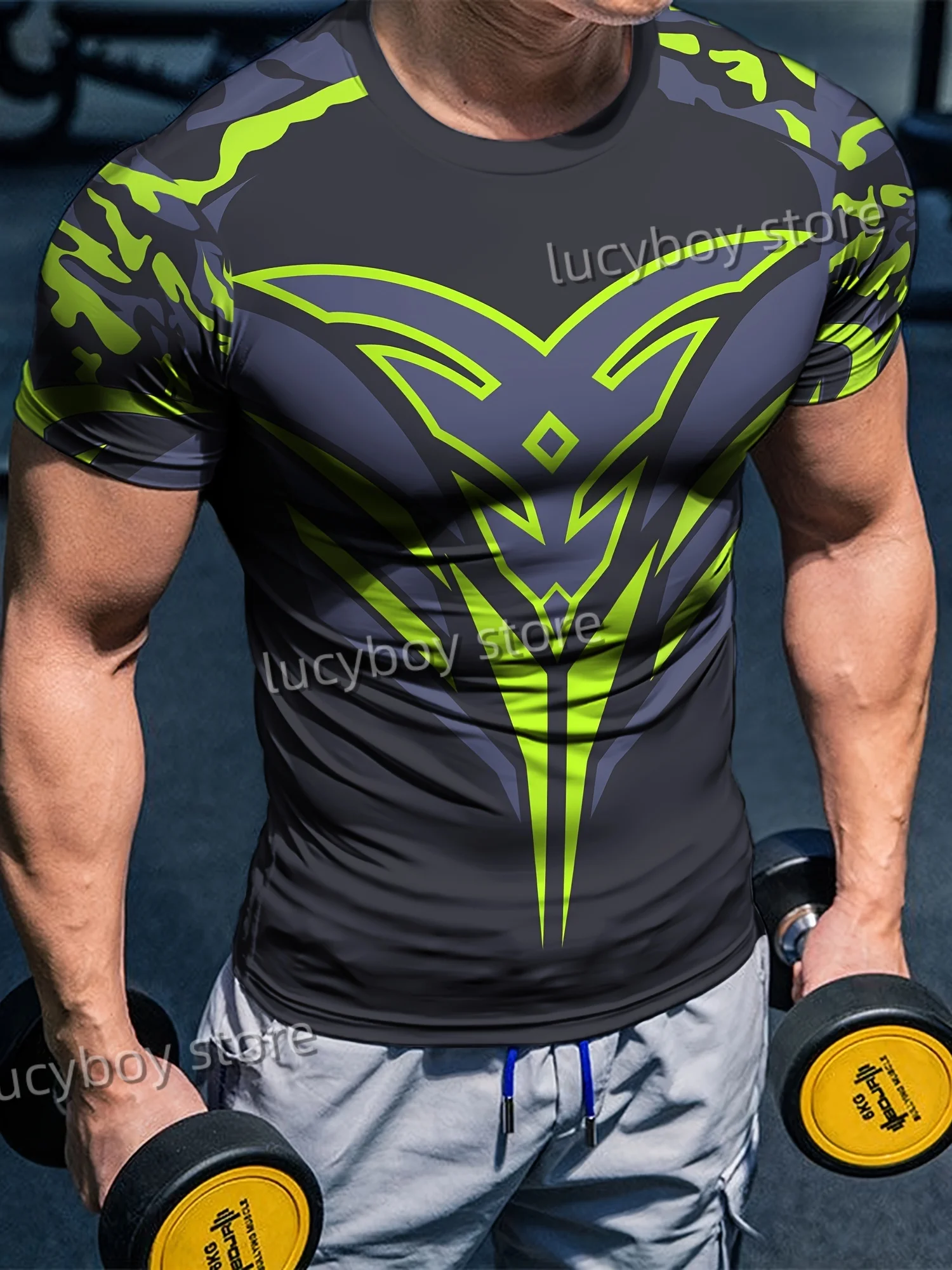 Letnia męska koszulka treningowa siła 3D zielony nadruk sportowa siłownia koszulki z krótkim rękawem szybkoschnąca odzież męska do biegania ponadgabarytowa