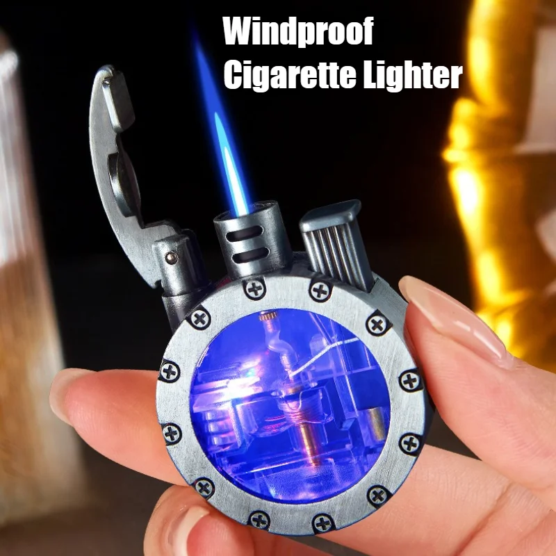 

New Cigar Lighter Retro Round Windproof Ignitioner Blue Flame LED Lighting Inflatable Cigarettes Lighters & Smoking Accessories